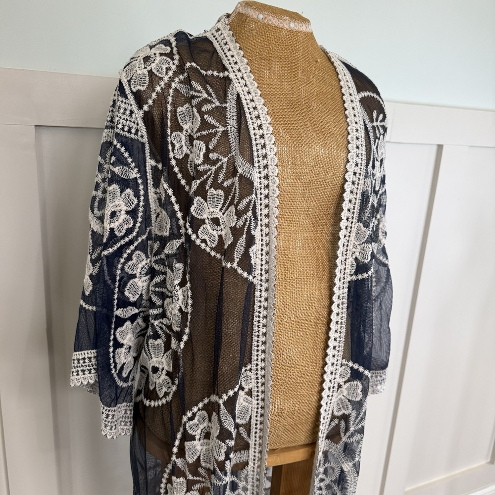 Embroidered Medallion‎ Mesh Long Kimono ONE SIZE Navy Blue Boho Beach Coverup - Picture 2 of 6